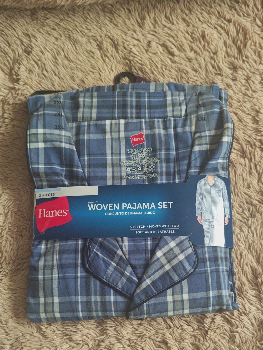 Hanes Blue Plaid Woven Pajama Set - Button-Front Two-Piece